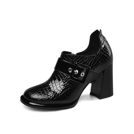 TinaCus Damen-Pumps, handgefertigt, Lackleder, runde Zehenpartie, Reißverschluss, hoher Blockabsatz, schicke Schuhe mit Schnalle