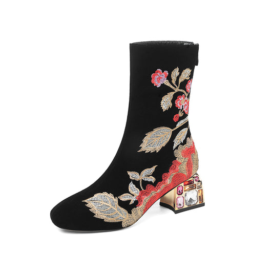 TinaCus Handmade Women's Suede Leather Ethnic Floral Embroidered Round Toe Mid Chunky Rhinestone Heel Back Zipper Mid-Calf Boots