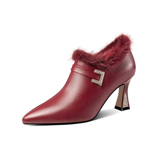 TinaCus Genuine Leather Women's Handmade High Spool Heel Side Zip Up Glitter Rhinestone and Fur Design Oxford Pumps