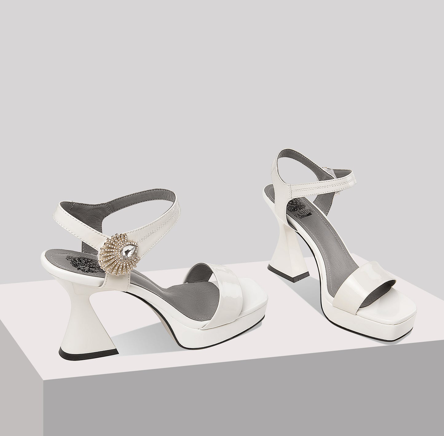 TinaCus Glossy Patent Leather Platform Women's Handmade High Heel Crystal Open Toe Slingback Sandals with Glitter Rhinestone