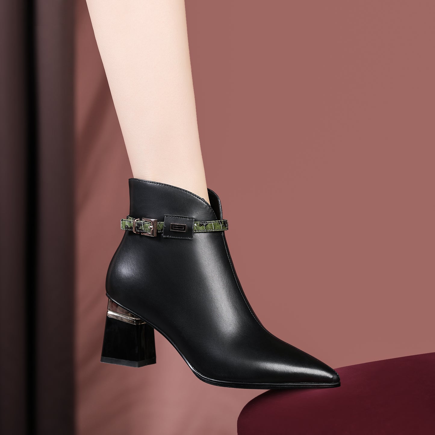 TinaCus Genuine Leather Women's Handmade Side Zip Up Green Belt Design Chunky Heel Black Ankle Booties