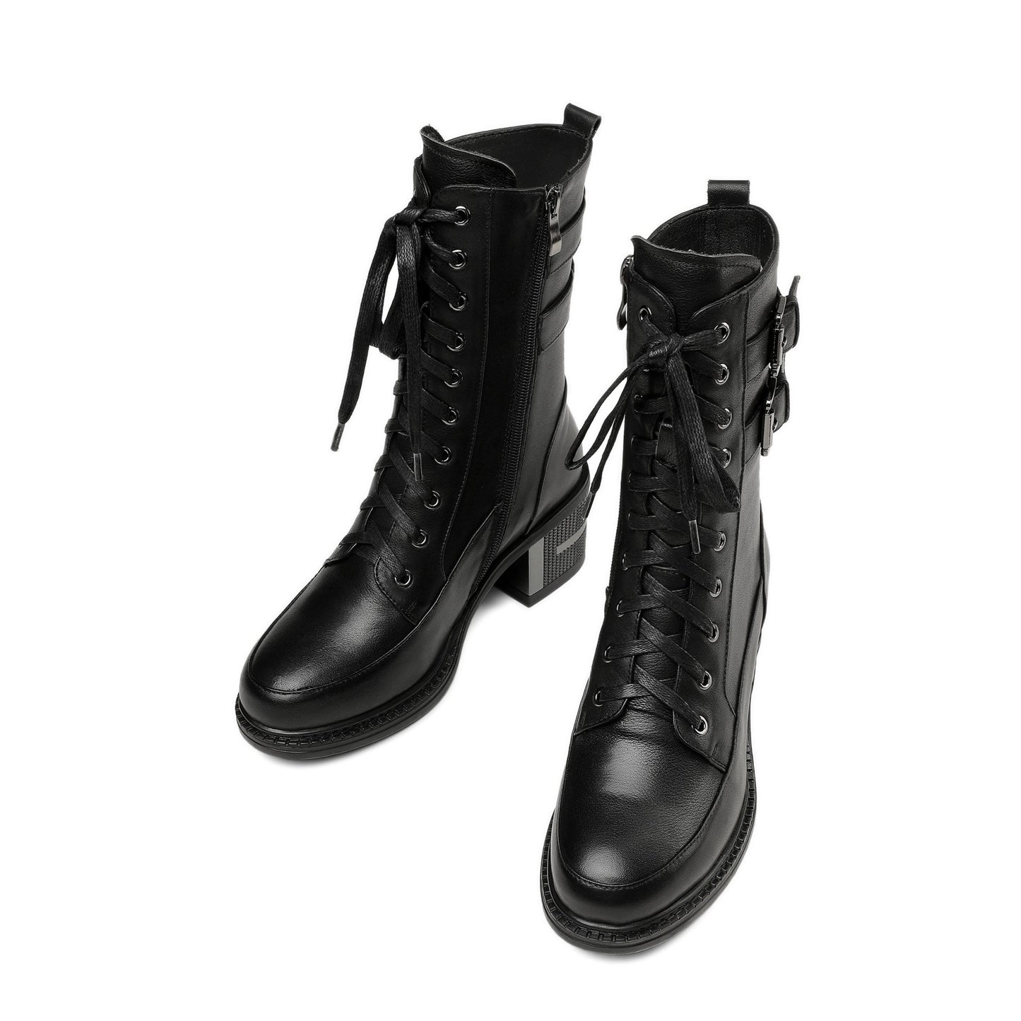 TinaCus Genuine Leather Round Toe Lace Up Side Zipper Handmade Buckles Mid Chunky Heels Stylish Women's Mid-Calf Boots