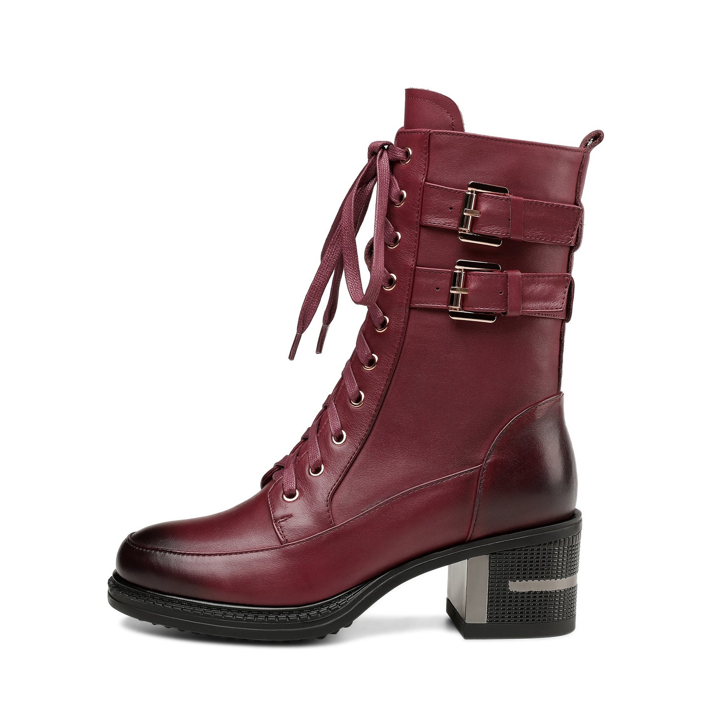 TinaCus Genuine Leather Round Toe Lace Up Side Zipper Handmade Buckles Mid Chunky Heels Stylish Women's Mid-Calf Boots