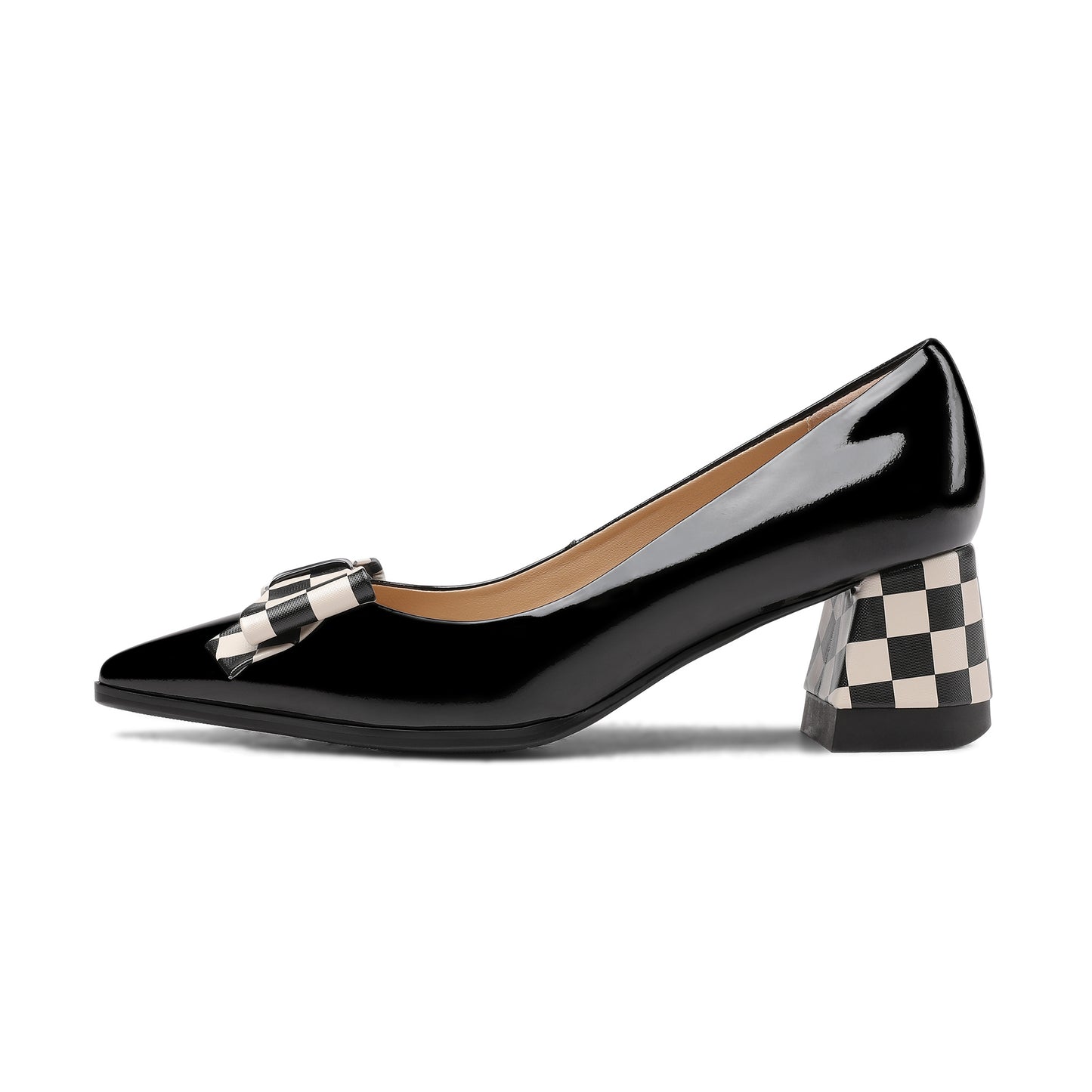 TinaCus Handmade Glossy Patent Leather Women's Chunky Heel Slip On Checkered Dress Pumps Shoes
