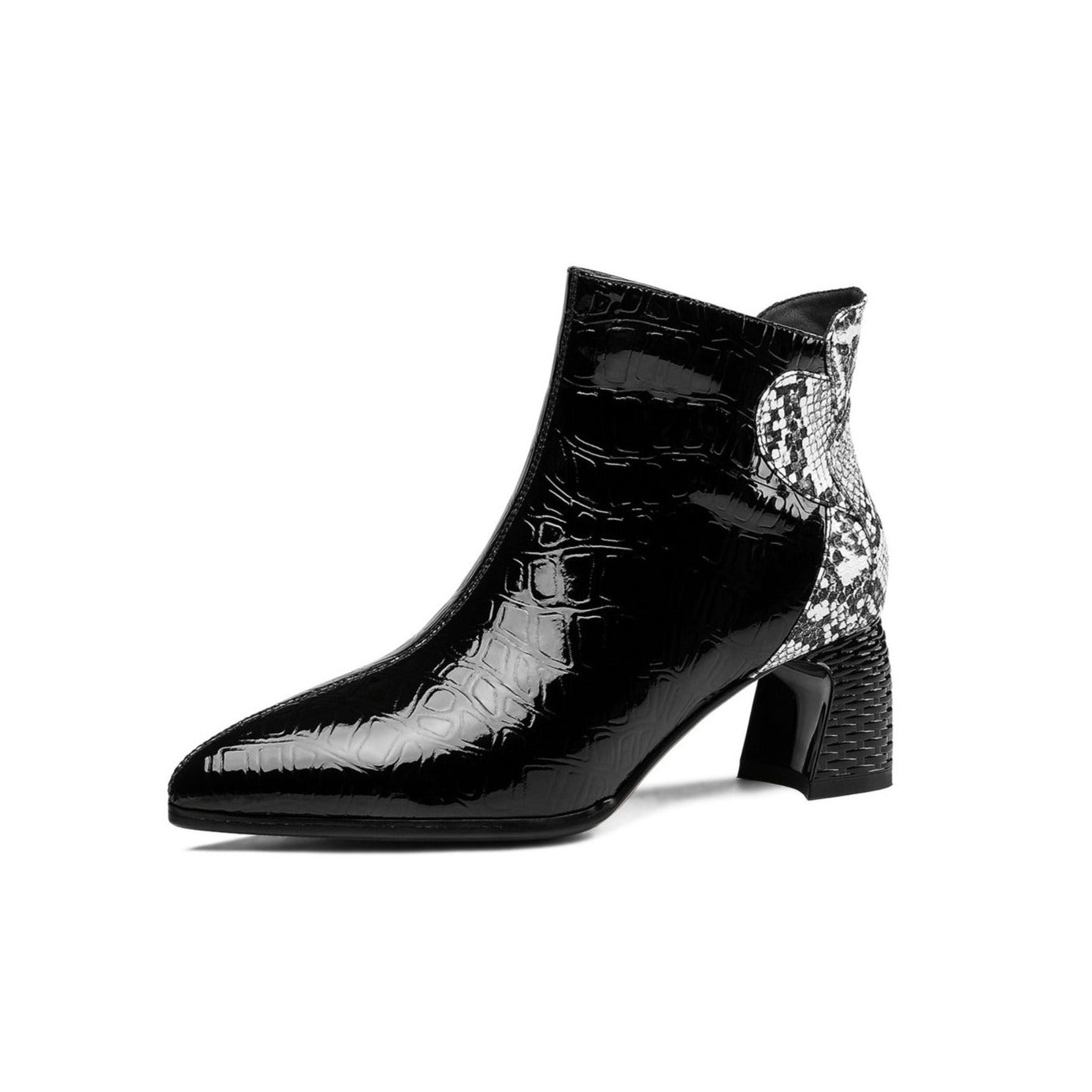 TinaCus Handmade Women's Patent Leather Patchwork Color Snakeskin Pointed Toe Side Zipper Mid Block Heel Ankle Boots Shoes