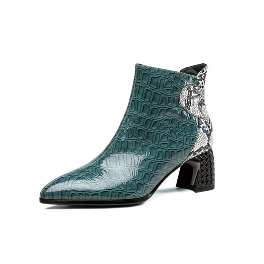TinaCus Handmade Women's Patent Leather Patchwork Color Snakeskin Pointed Toe Side Zipper Mid Block Heel Ankle Boots Shoes