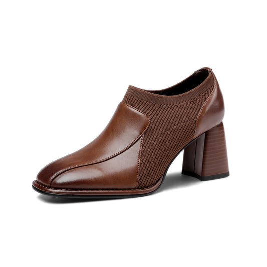 TinaCus Women's Square Toe Genuine Leather & Woolen Handmade Mid Chunky Heels Casual Shoes