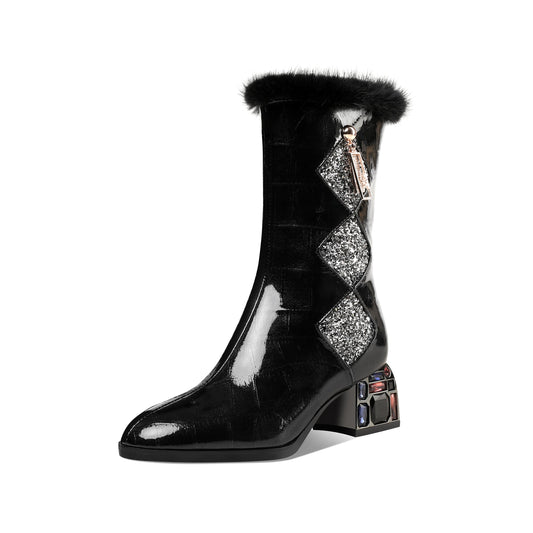 TinaCus Women's Patent Leather Round Toe Handmade Chunky Heel with Jewelry Stylish Zip Up Mid-Calf Boots