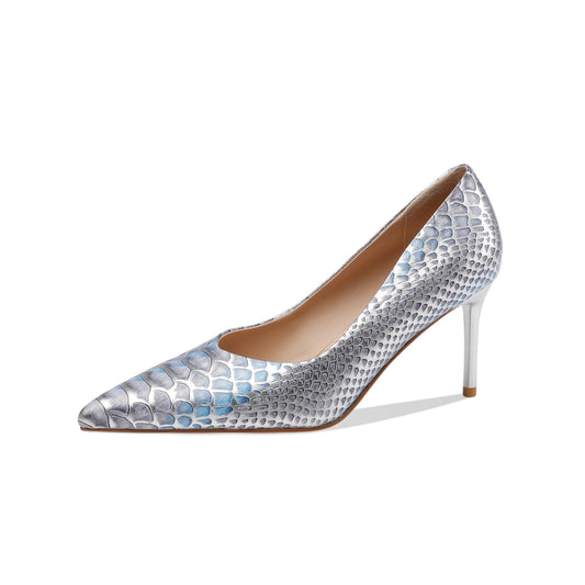 TinaCus Damen-Pumps, handgefertigt, Schlangenleder, Stiletto-Absatz, spitze Zehenpartie, sexy, elegante Pumps in Silber