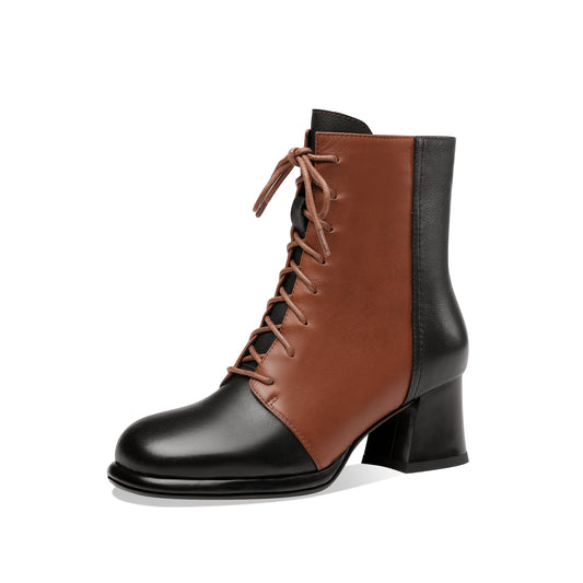 TinaCus Women's Genuine Leather Assort Colors Round Toe Handmade Laces Side Zipper Retro Booties with Chunky Heels