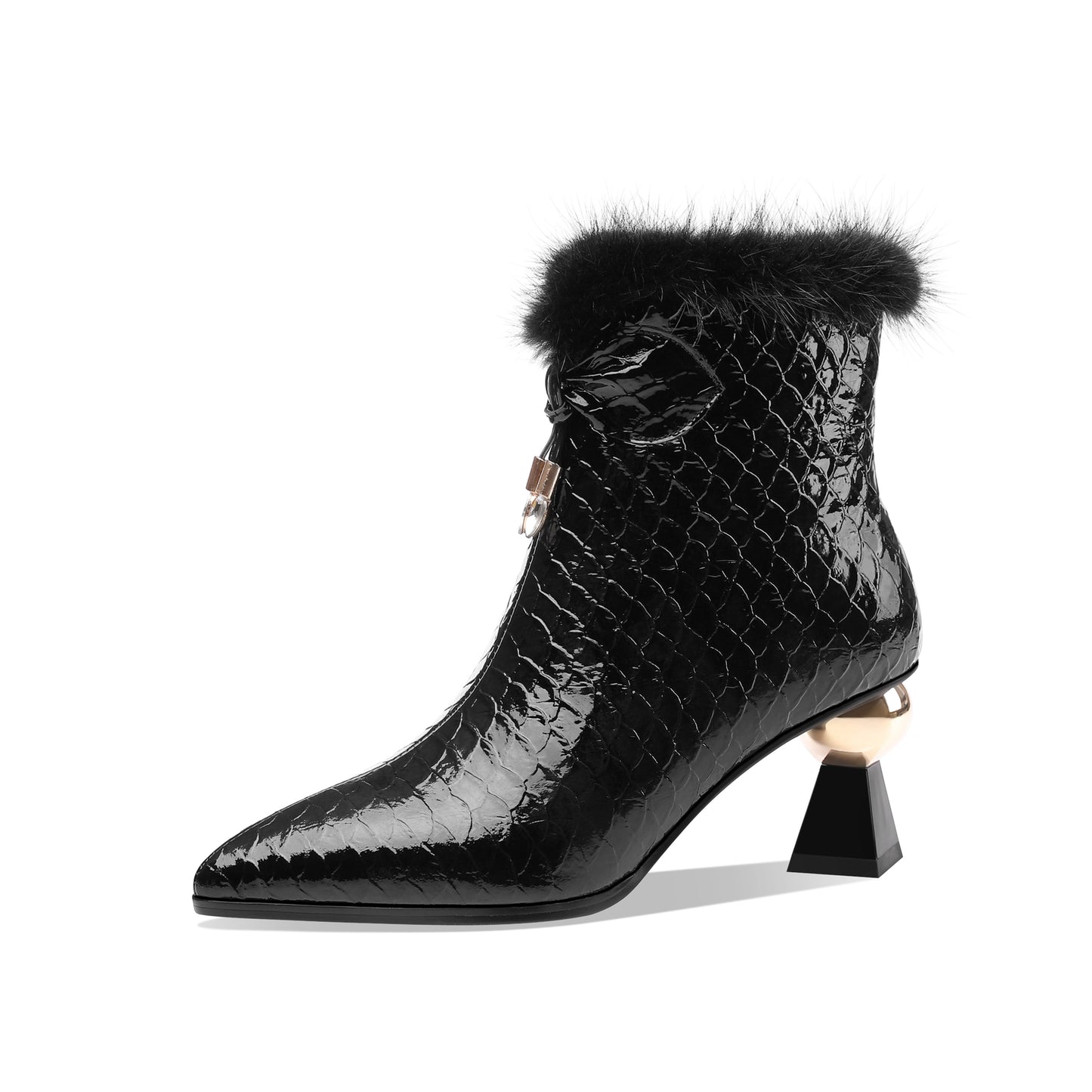 TinaCus Patent Leather Handmade Women's Pointy Toe Side Zip Up Mid Heel Crystal and Fur Design Ankle Boots with Bow