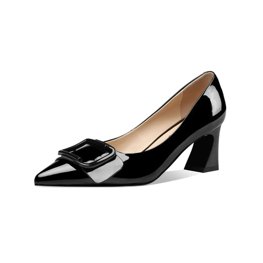 TinaCus Handmade Women's Clossy Patent Leather Mid Spool Heel Pointed Toe Slip On Modern Pumps with Square Buckle Pattern