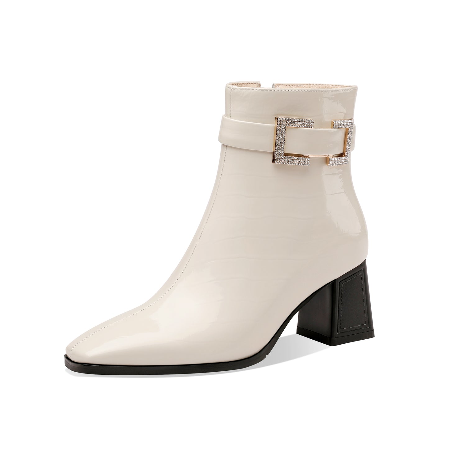 TinaCus Women's Handmade Checkered Patent Leather Comfortable Block Heel Side Zip Up Glitter Buckle Design Chic Dress Boots