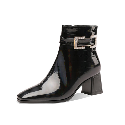 TinaCus Women's Handmade Checkered Patent Leather Comfortable Block Heel Side Zip Up Glitter Buckle Design Chic Dress Boots