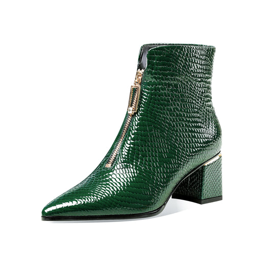 TinaCus Women's Handmade Genuine Leather Pointed Toe Stylish Front Zip Up Mid Chunky Heel Ankle Booties