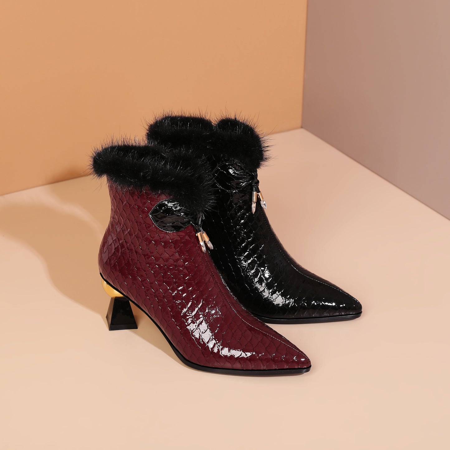 TinaCus Patent Leather Handmade Women's Pointy Toe Side Zip Up Mid Heel Crystal and Fur Design Ankle Boots with Bow