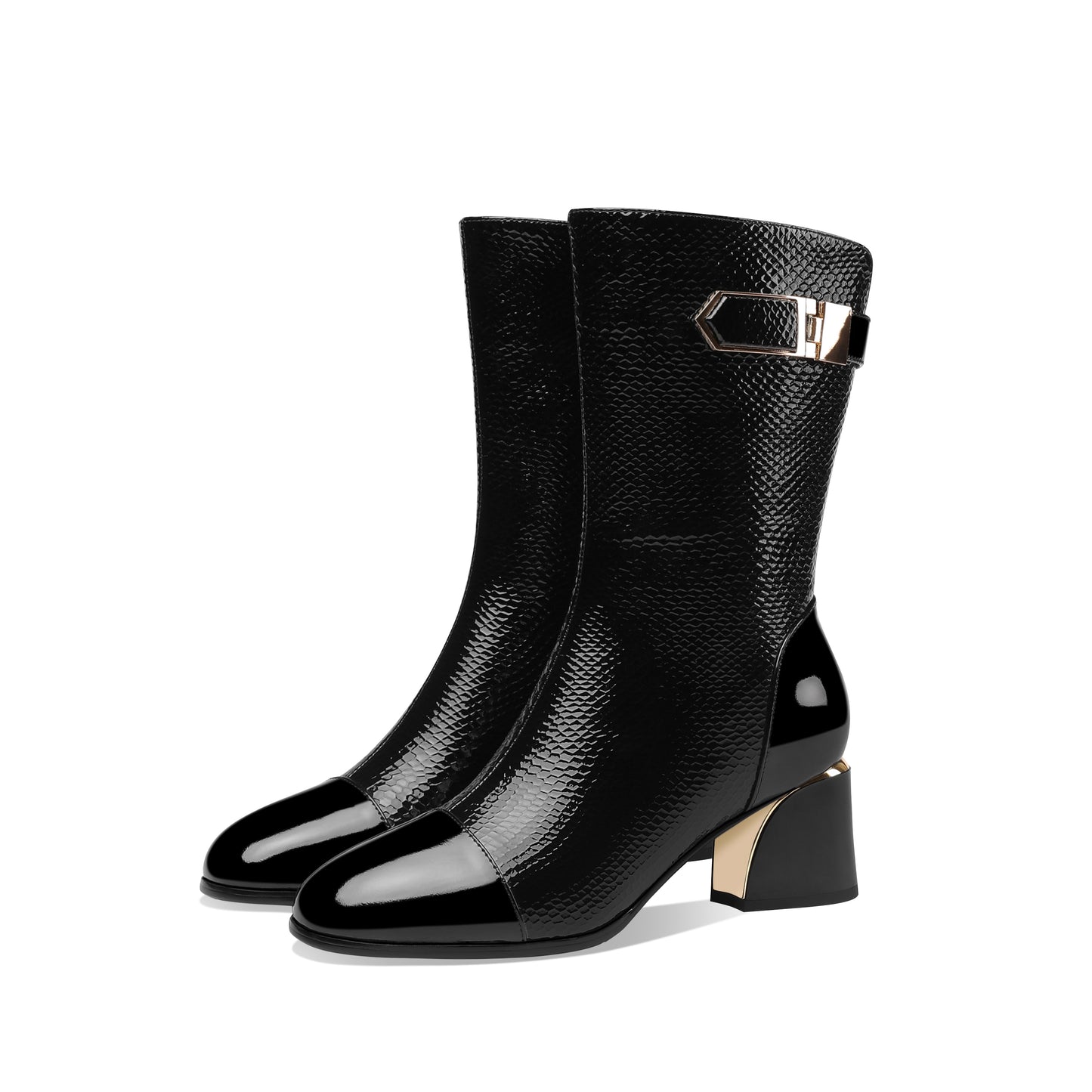 TinaCus Handmade Women's Patent Leather Side Zip Up Block Heel Cap-Toe Black Mid-Calf Boots with Chic Metal Pattern
