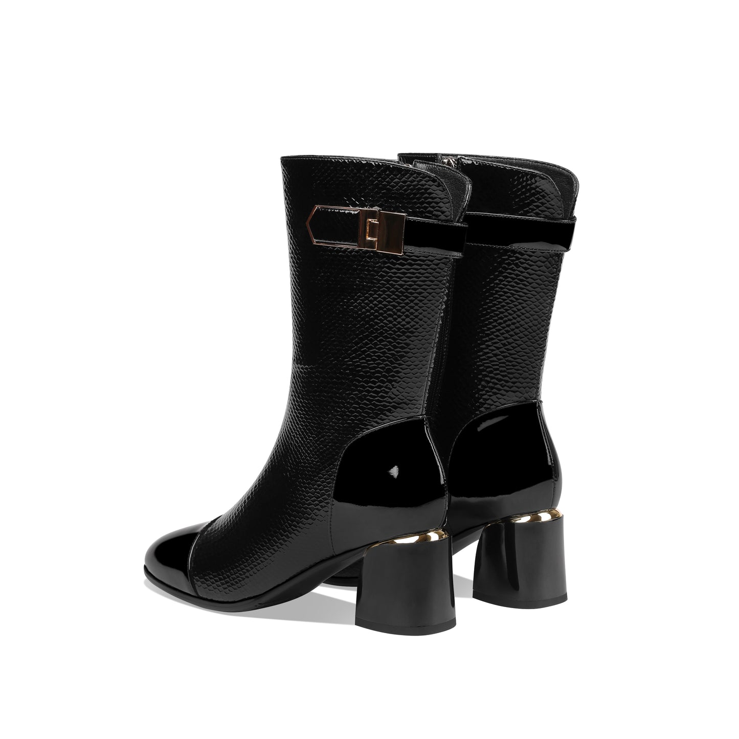 TinaCus Handmade Women's Patent Leather Side Zip Up Block Heel Cap-Toe Black Mid-Calf Boots with Chic Metal Pattern