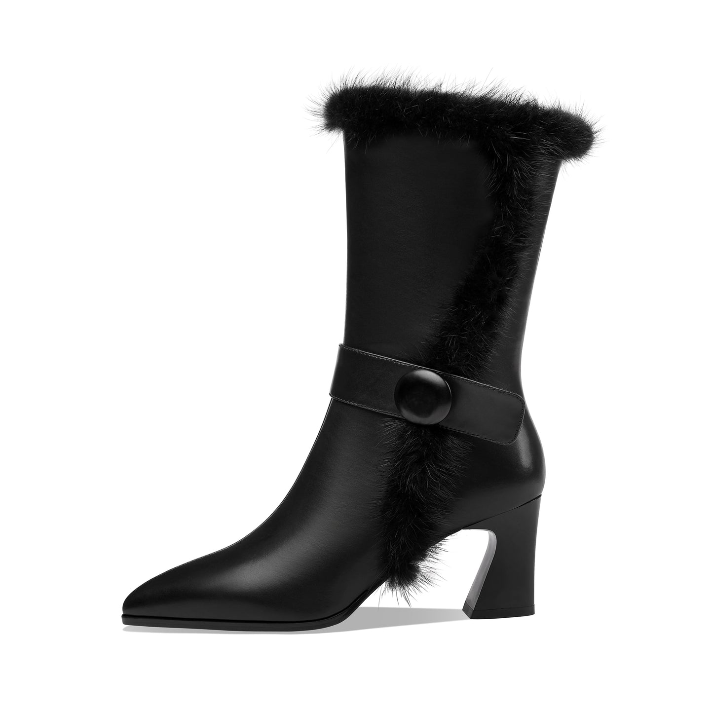 TinaCus Handmade Women's Genuine Leather Spool Heel Side Zip Up Black Mid-Calf Boots with Fur And Chic Belt