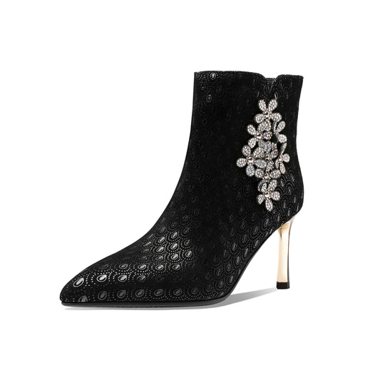 TinaCus Women's Handmade Leather Sexy Metal Heel Side Zip Up Pointed Toe Ankle Boots with Rhinestone Flower