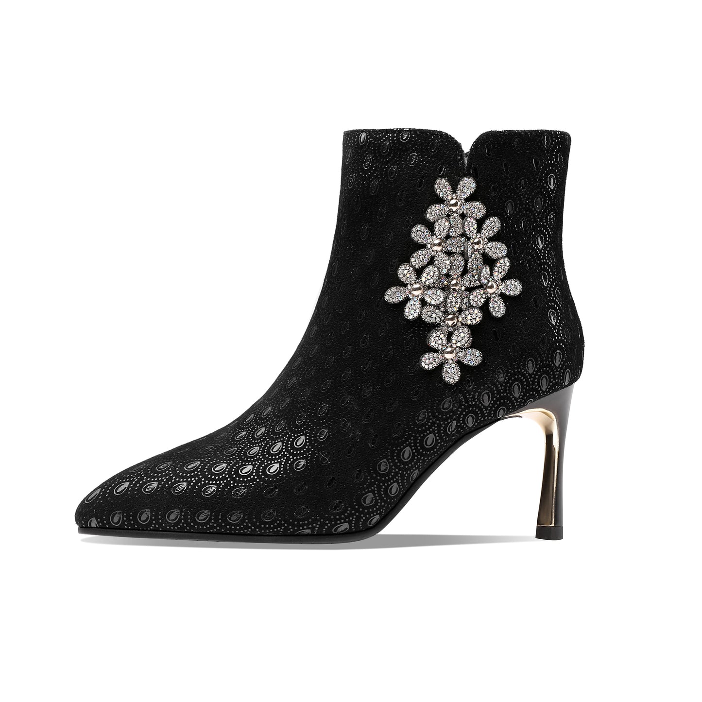 TinaCus Women's Handmade Leather Sexy Metal Heel Side Zip Up Pointed Toe Ankle Boots with Rhinestone Flower