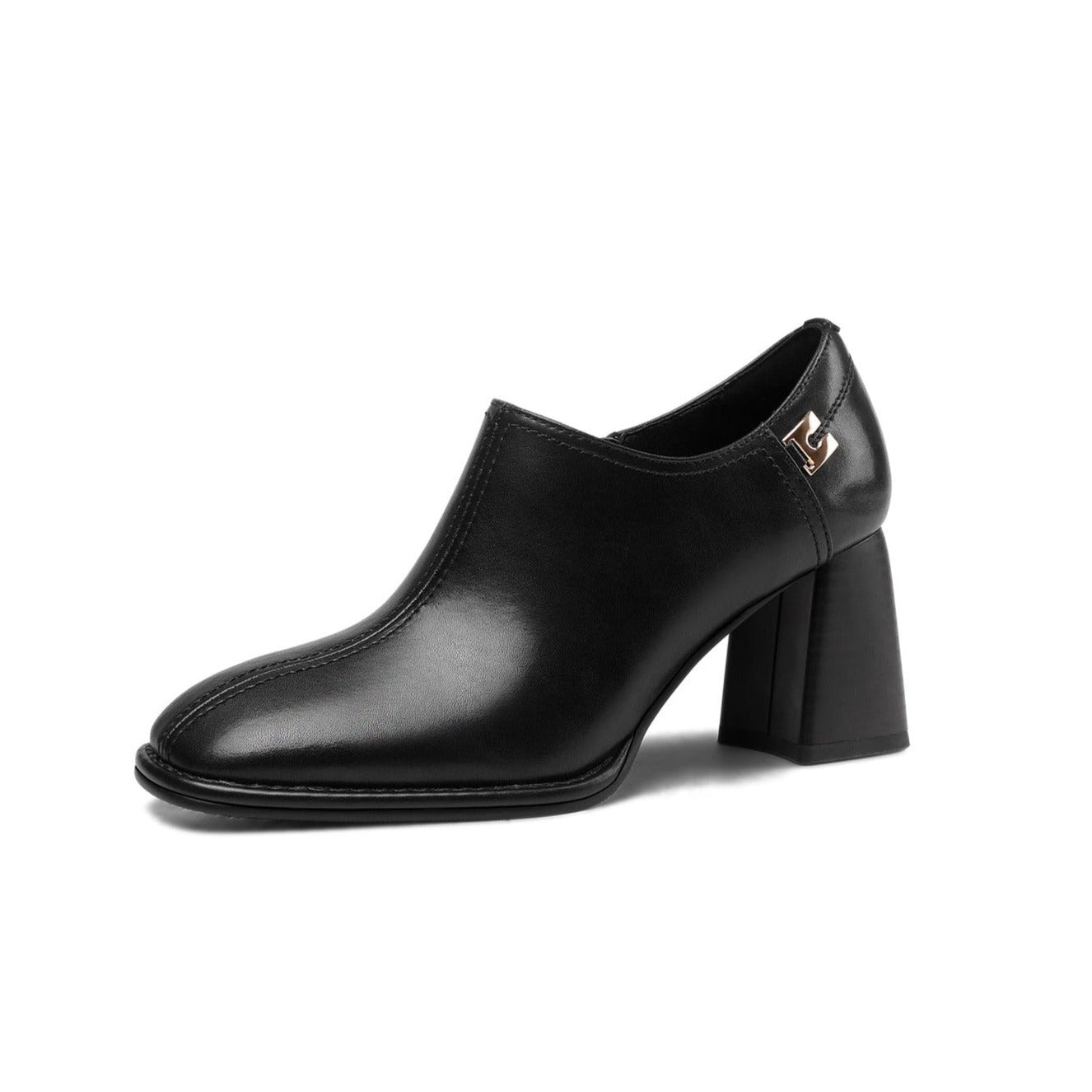 TinaCus Women's Square Toe Genuine Leather Handmade Side Zipper Mid Chunky Heel Retro Pumps Shoes