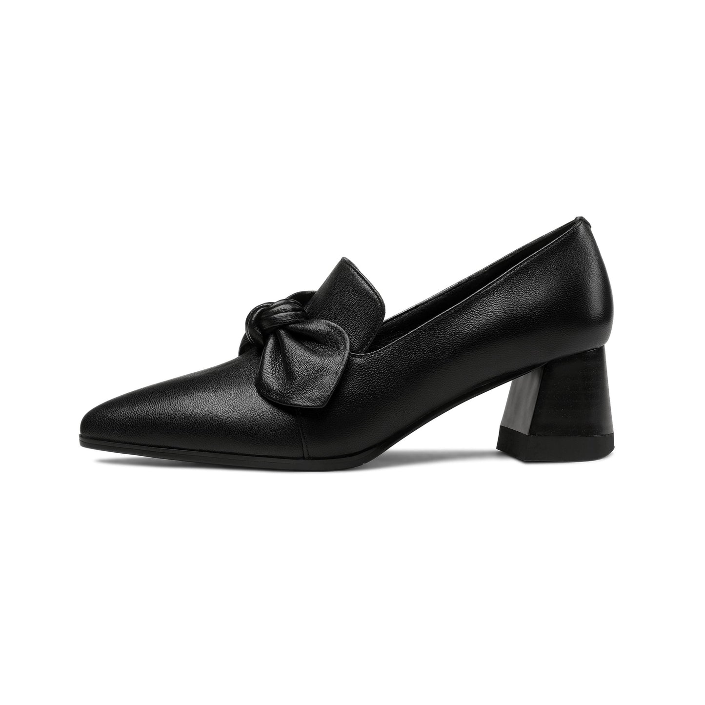TinaCus Handmade Women's Genuine Leather Bowknot Slip On Pointed Toe Mid Chunky Heel Pumps Shoes
