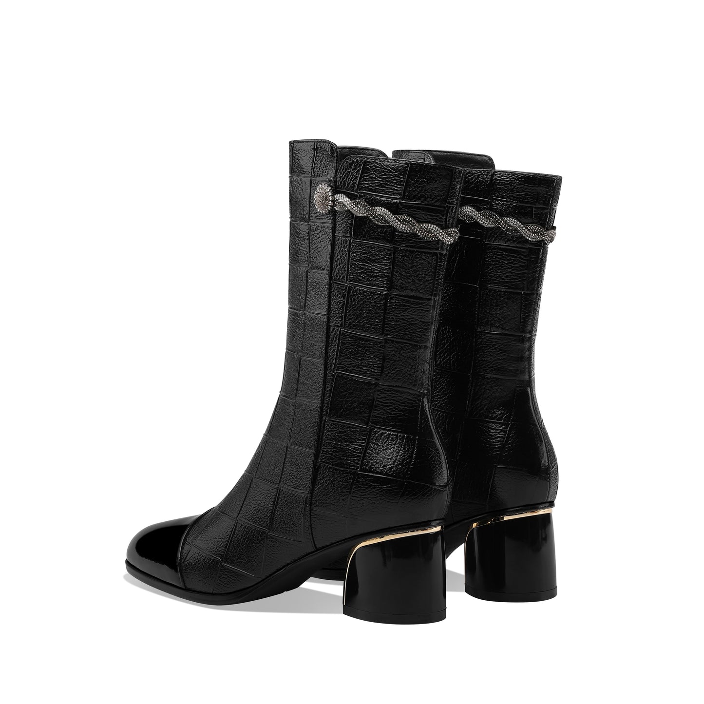 TinaCus Women's Handmade Leather Side Zip Up Rhinestone Decor Chunky Heel Mid-Calf Boots with Glossy Cap-Toe