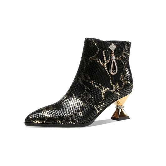 TinaCus Handmade Women's Assorted Color Genuine Leather Rhinestones Printed Snakeskin Side Zipper Pointed Toe Mid Spool Heel Ankle Boots