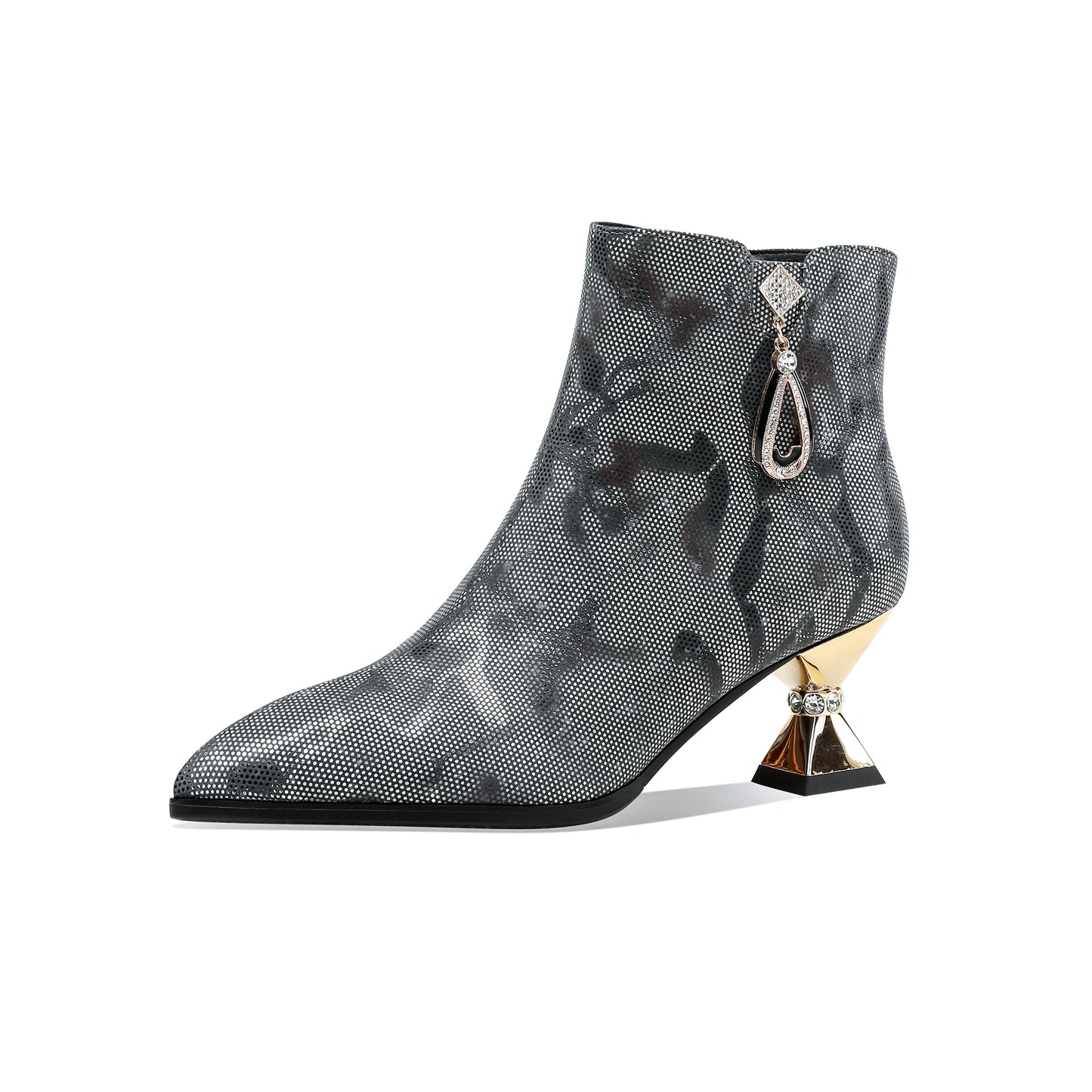 TinaCus Handmade Women's Assorted Color Genuine Leather Rhinestones Printed Snakeskin Side Zipper Pointed Toe Mid Spool Heel Ankle Boots