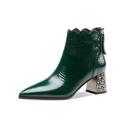 TinaCus Handmade Women's Patent Leather Front Zipper Pointed Toe Mid Rhinestones Chunky Heel Ankle Boots