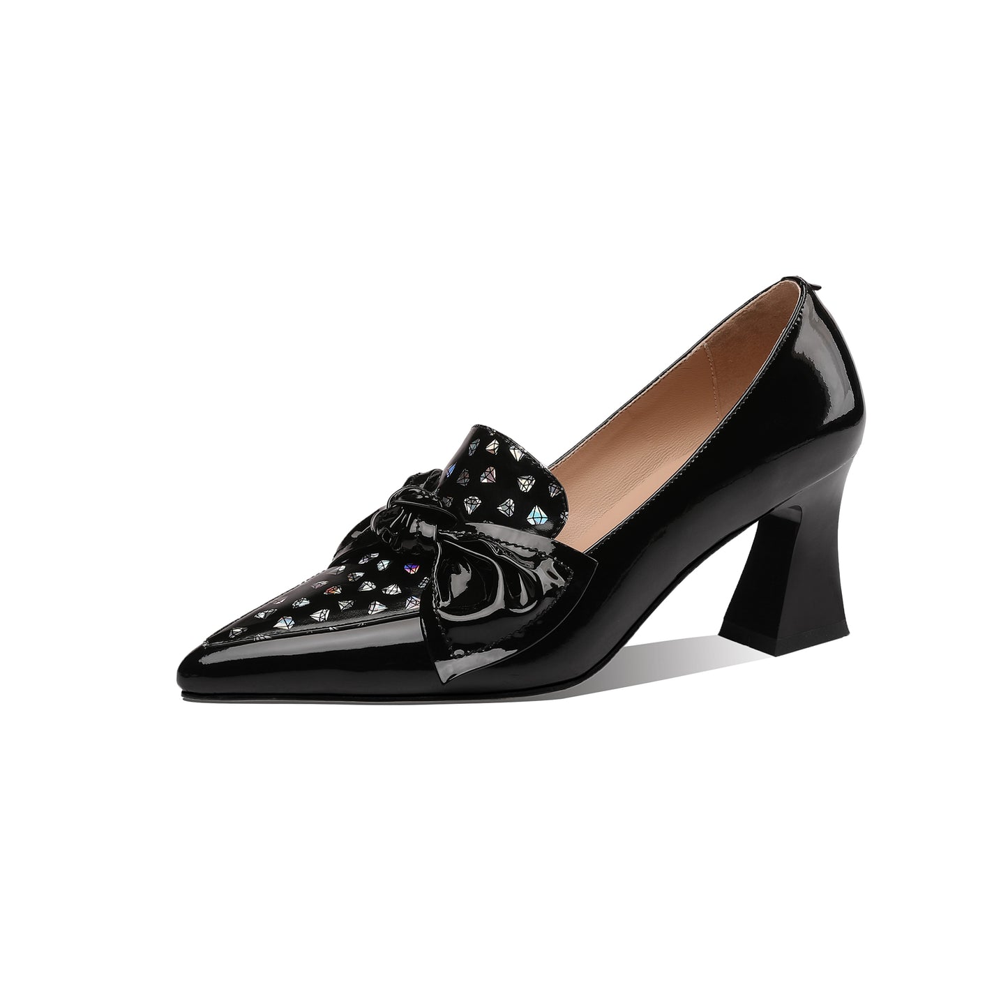 TinaCus Glossy Patent Leather Women's Handmade Pointed Toe Dots Decor Spool Heel Pumps with Bowknot