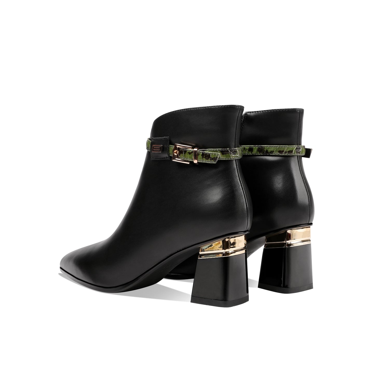 TinaCus Genuine Leather Women's Handmade Side Zip Up Green Belt Design Chunky Heel Black Ankle Booties