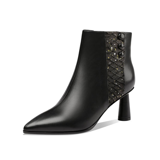 TinaCus Women's Genuine Leather Handmade Side Zip Up Elegant Cone Heel Button Decor Black Ankle Boots