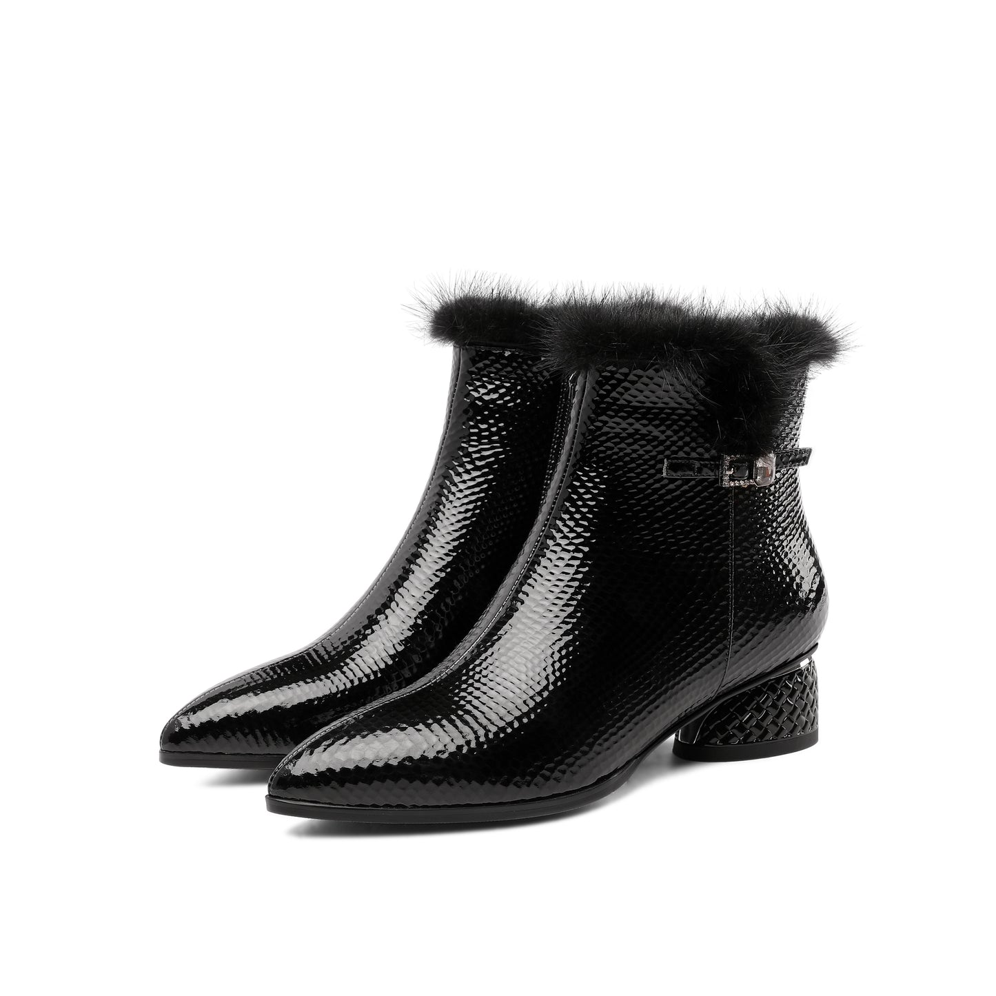 TinaCus Women's Patent Leather Handmade Side Zip Up Block Heel Black Ankle Booties with Fur and Glitter Buckle Decor