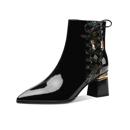 TinaCus Women's Handmade Patent Leather Side Zip Up Cute Bowtie Chunky Heel Black Ankle Boots