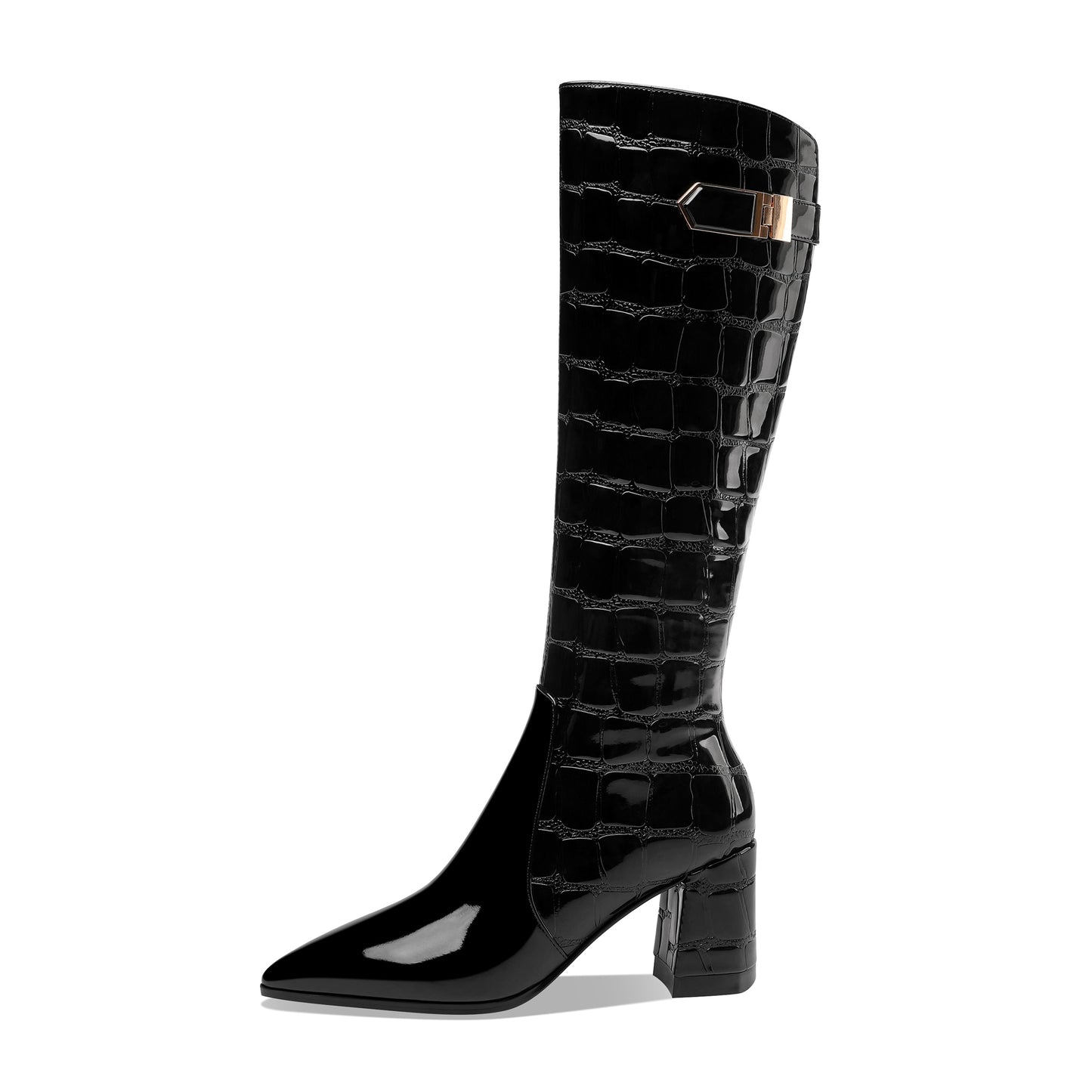 TinaCus Handmade Women's Patent Leather Pointed Toe Side Zip Up Block Heel Classic Black Knee High Boots with Chic Buckle