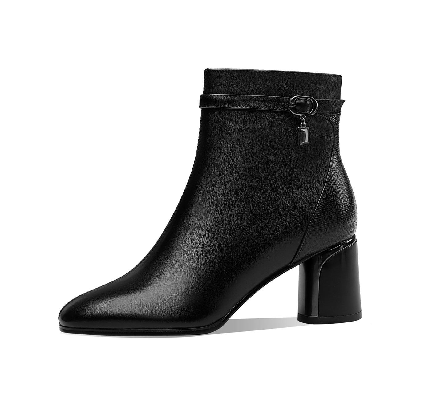 TinaCus Handmade Women's Genuine Leather Ankle Belt Pointed Toe Side Zipper Mid Chunky Heel Ankle Boots