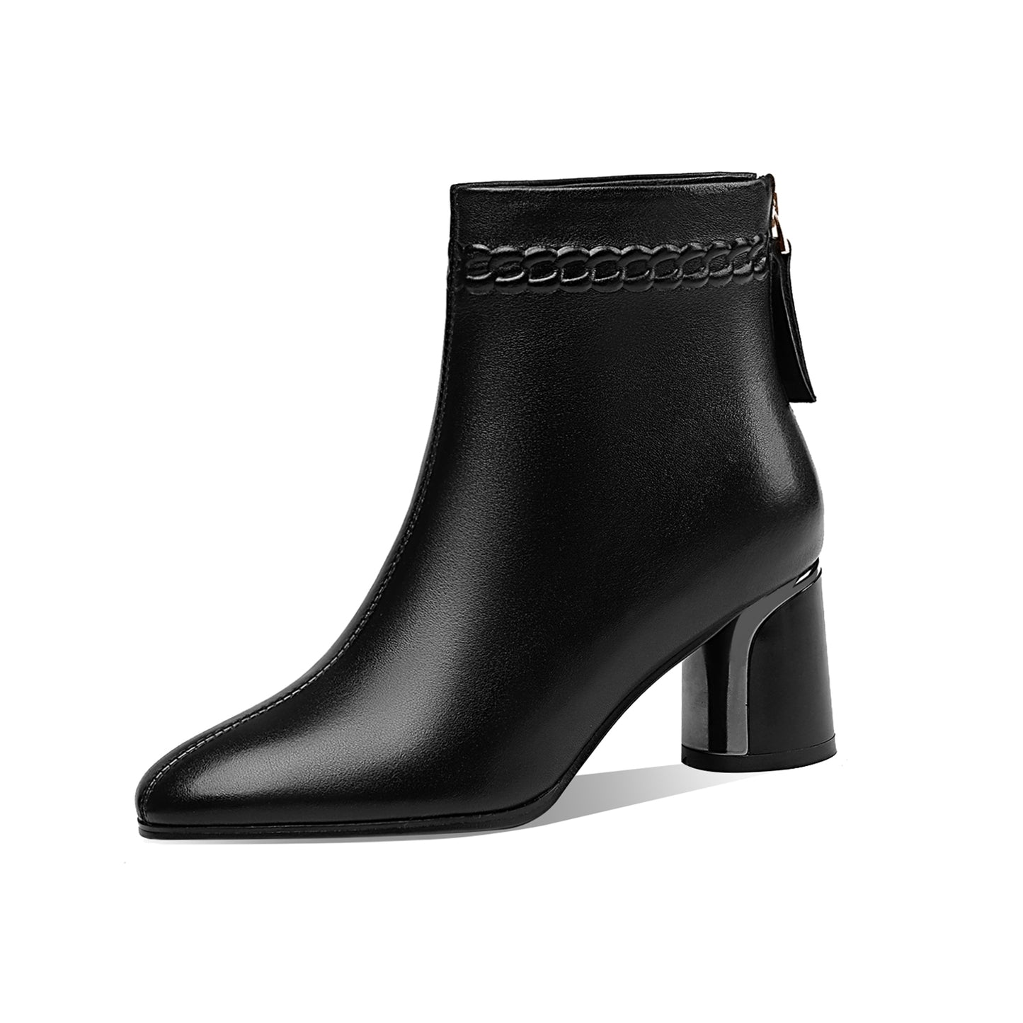 TinaCus Handmade Women's Genuine Leather Pointed Toe Back Zipper Mid Chunky Heel Ankle Boots