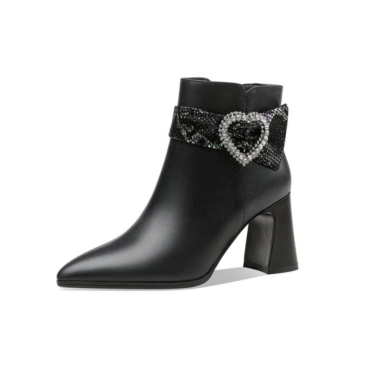 TinaCus Handmade Women's Genuine Leather Rhinestone Heart Décor Pointed Toe Mid Chunky Heel Side Zipper Ankle Boots