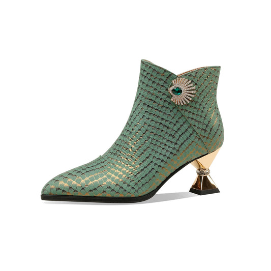 TinaCus Handmade Women's Genuine Leather Sexy Rhinestones Printed Side Zipper Pointed Toe Mid Spool Heel Ankle Boots