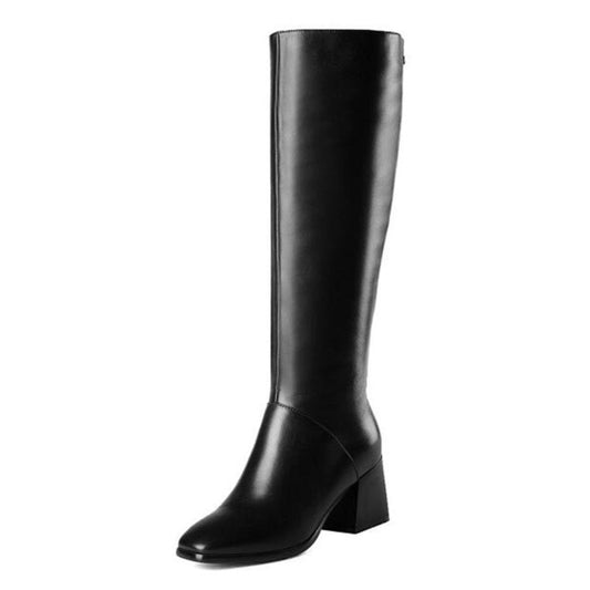 TinaCus Genuine Leather Women's Square Toe Mid Chunky Heel Handmade Side Zip Up Knee High Boots