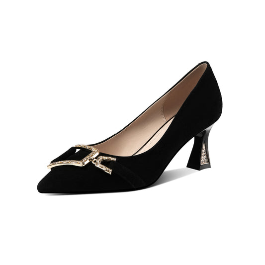 TinaCus Damen-Loafer-Pumps aus Wildleder, handgefertigt, spitze Zehenpartie, eleganter Absatz, Metallmuster, schwarz