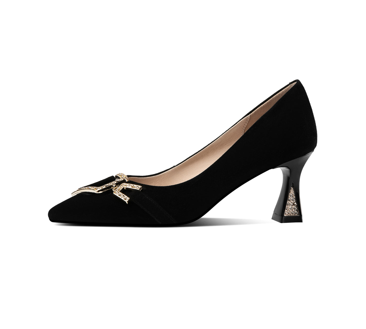 TinaCus Suede Leather Women's Handmade Pointed Toe Elegant Heel Metal Pattern Black Loafer Pumps