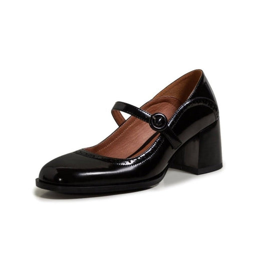 TinaCus Glossy Genuine Leather Women's Handmade Round Toe Mid Block Heel Buckle Cute Mar Jane Pump Shoes