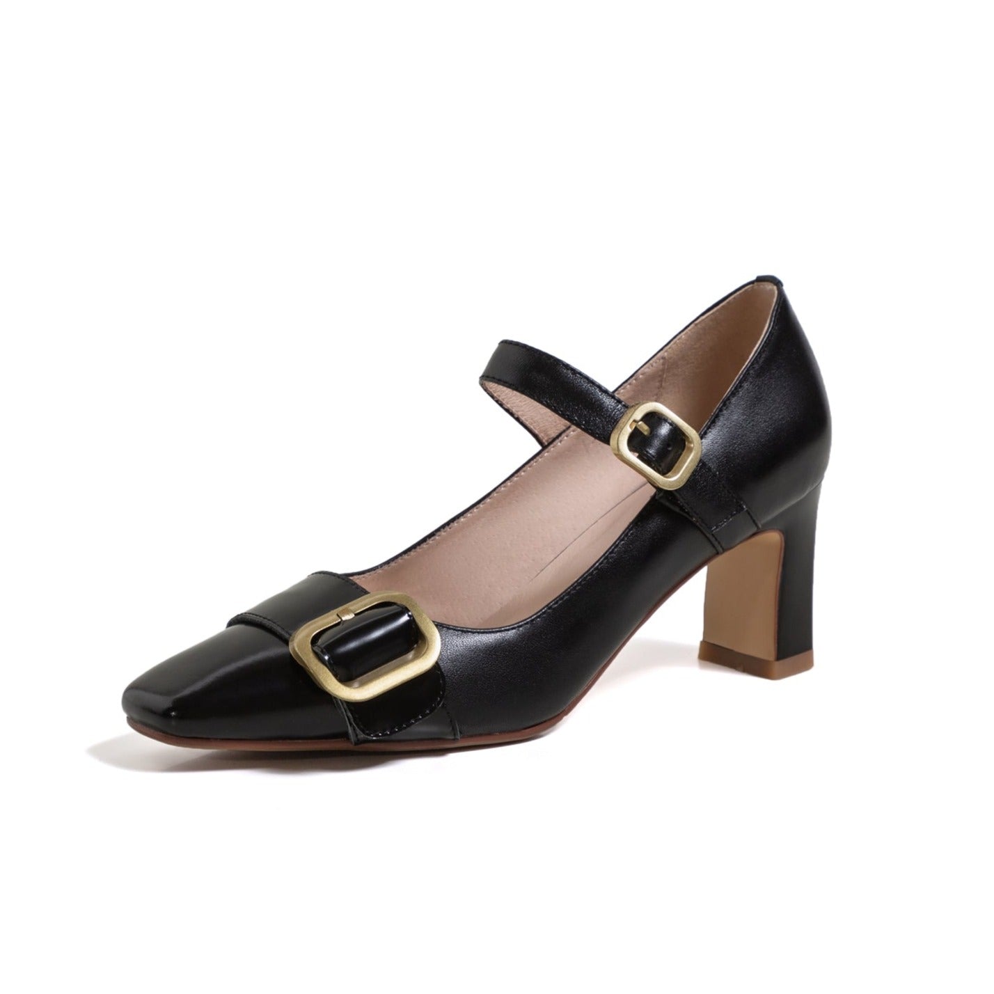 TinaCus Genuine Leather Women's Handmade Littele Square Toe Buckle Mid Chunky Heel Classic Mary Jane Pump Shoes