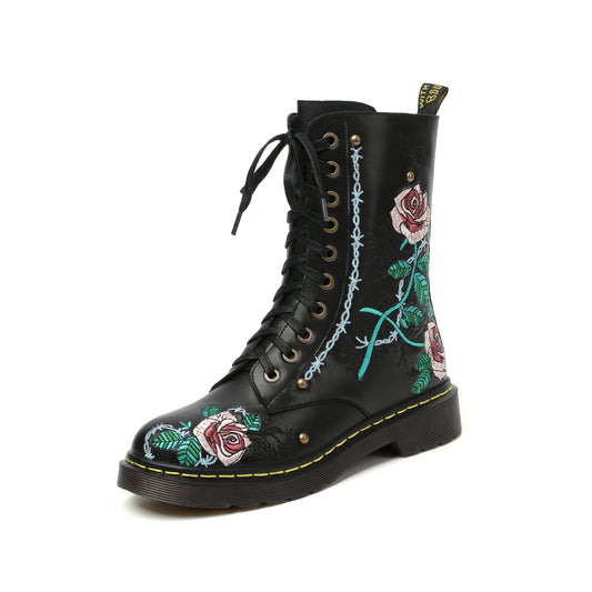 TinaCus Handmade Women's Genuine Leather Ethnic Embroidered Floral Round Toe Low Chunky Heel Front Lace Up Combat Boots