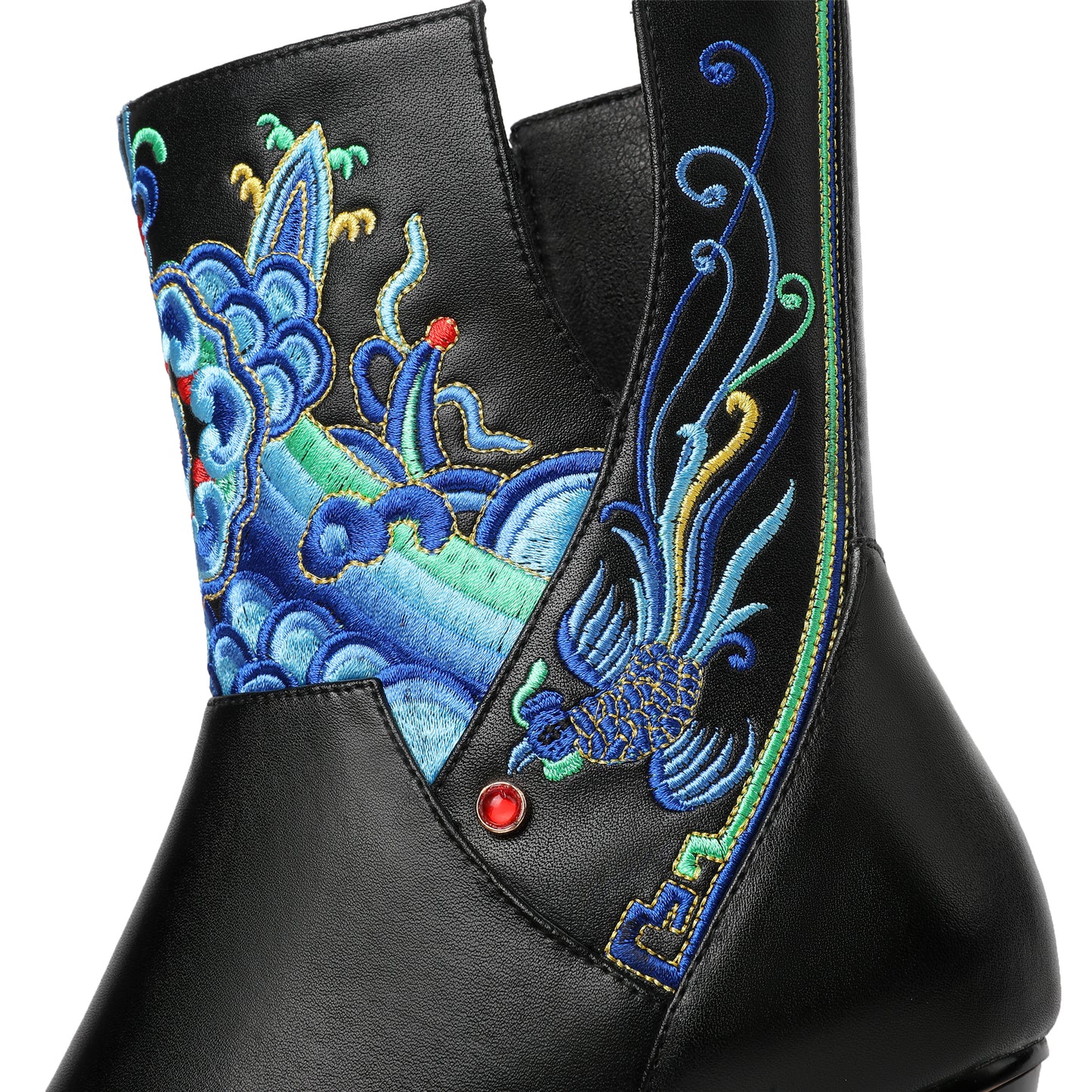 TinaCus Handmade Women's Genuine Leather Ethnic Embroidered Pointed Toe Low Chunky Heel Side Zipper Mid-Calf Boots