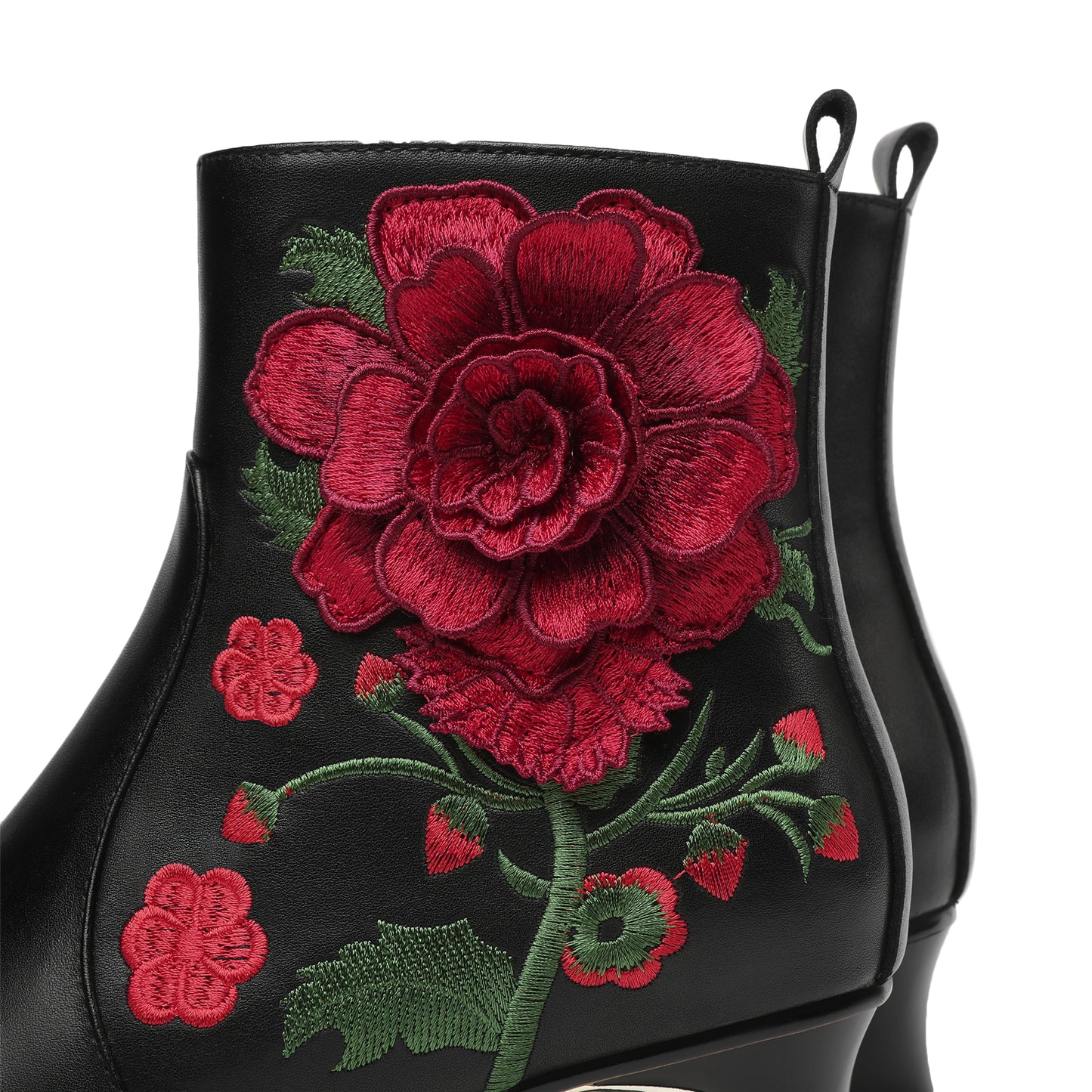 TinaCus Handmade Women's Suede Leather Ethnic Embroidered Embossed Floral Pointed Toe Low Chunky Heel Side Zipper Ankle Boots Shoes