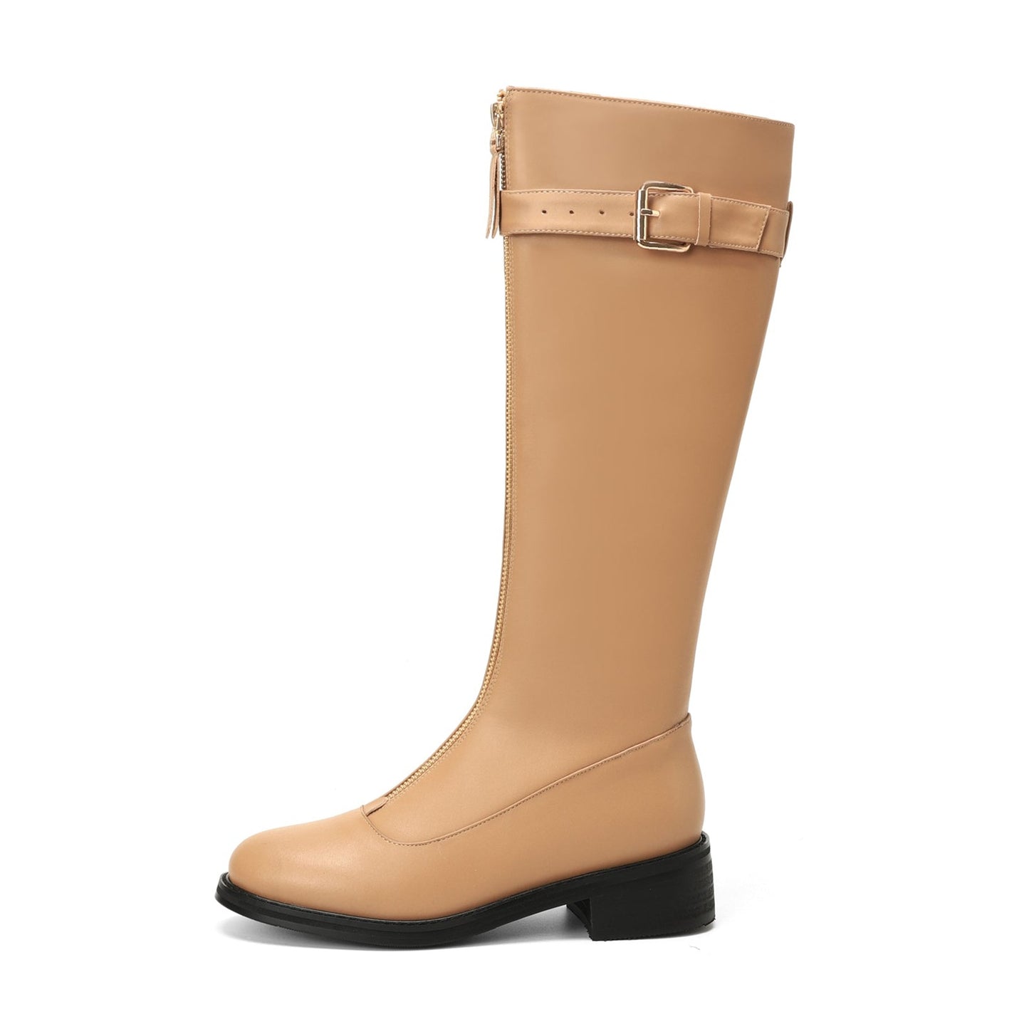 TinaCus Women's Genuine Leather Handmade Round Toe Front Zipper Comfort Low Heel Knee High Boots with Buckle